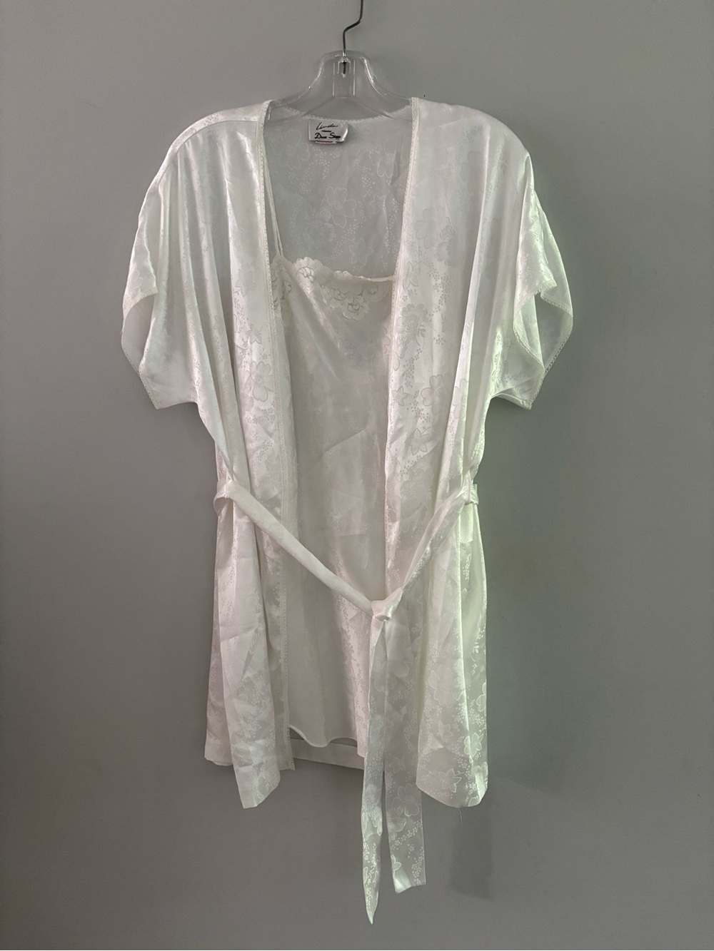 VTG 80s Linda Lingerie Dream Shoppe White Satin Jacquard Peignoir Set OS Bridal